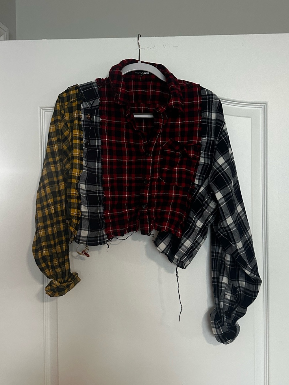 Fashion Nova Mixed Plaid Cropped Button-Up - Red, Yellow, Black, White